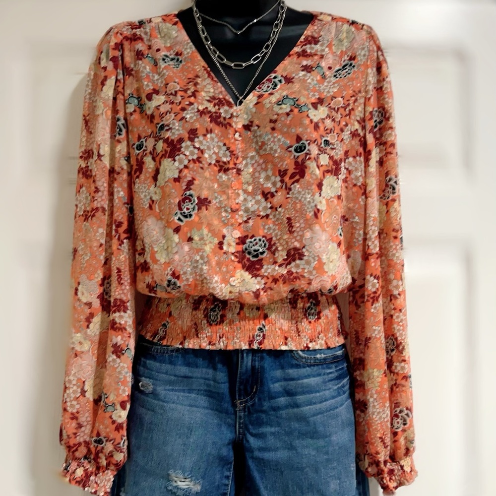 Women’s long sleeve blouse.  Coral multi color.  NWT. size S